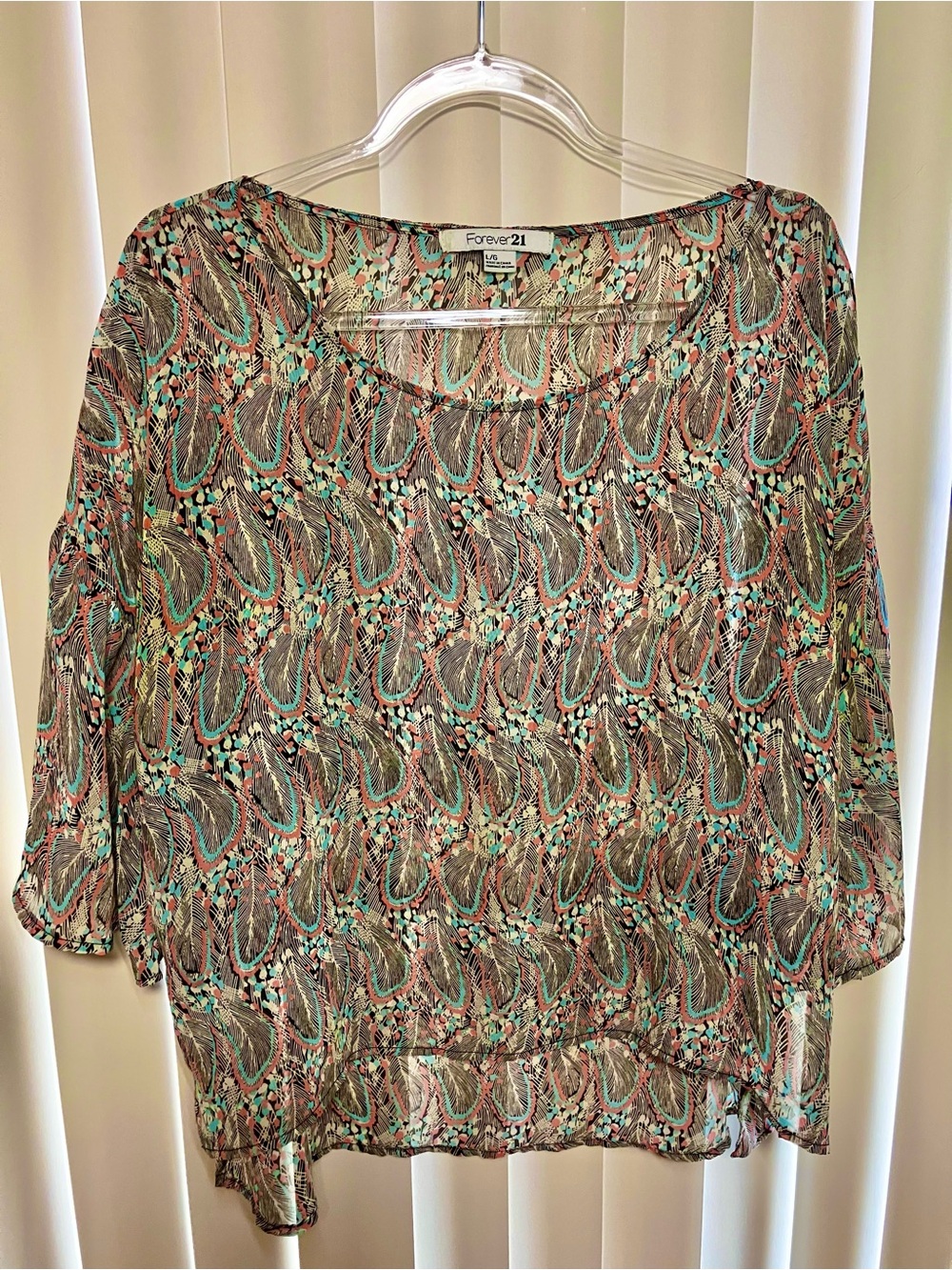 Forever 21 delicate feather print  Sheer Tunic - Teal & Brown